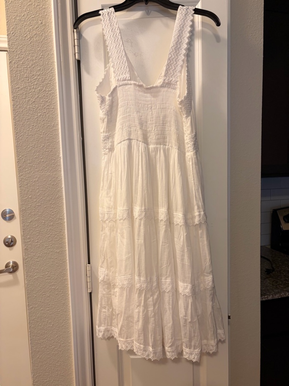 White Cotton Boho Tiered Maxi Dress with Lace Trim - Picture 4 of 8
